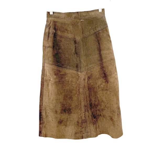 Vintage Dresses & Skirts - Vintage‎ 70s Suede Leather Midi Skirt Women 26 Brown Western Boho Paneled A-Line